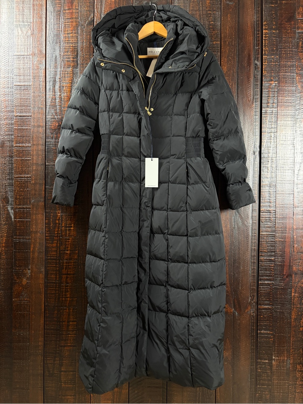 Cole Haan Black Quilted Down/Feather Hooded Maxi Puffer Coat - Small